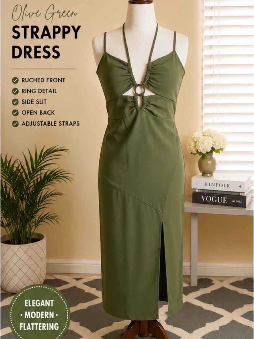 Aveloria Olive Green Ruched Cutout Midi Dress Size Medium US 6